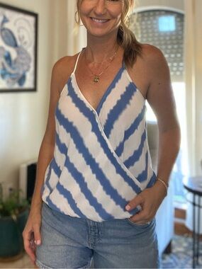Market & Spruce Blue and White Diagonal Stripe Wrap Cami